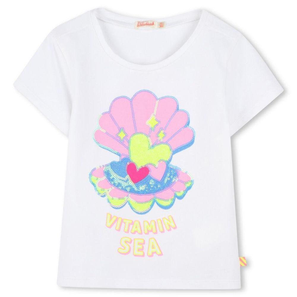 T-shirt con paillettes per bambina Billieblush bianco con stampa sul davanti U20923 10P BILLIEBLUSH