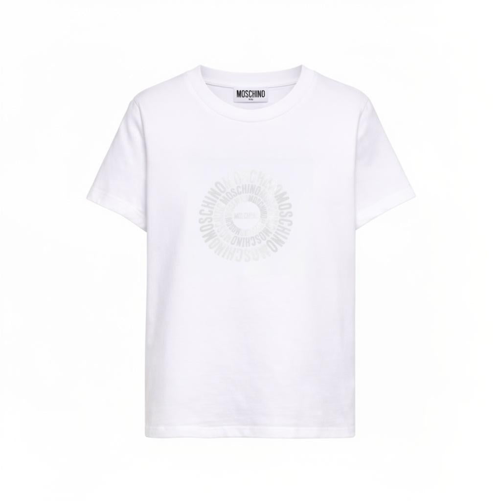 T-shirt per bambini Moschino Kids bianca con logo a spirale sul davanti HXM058LAA02 10101 MOSCHINO KIDS