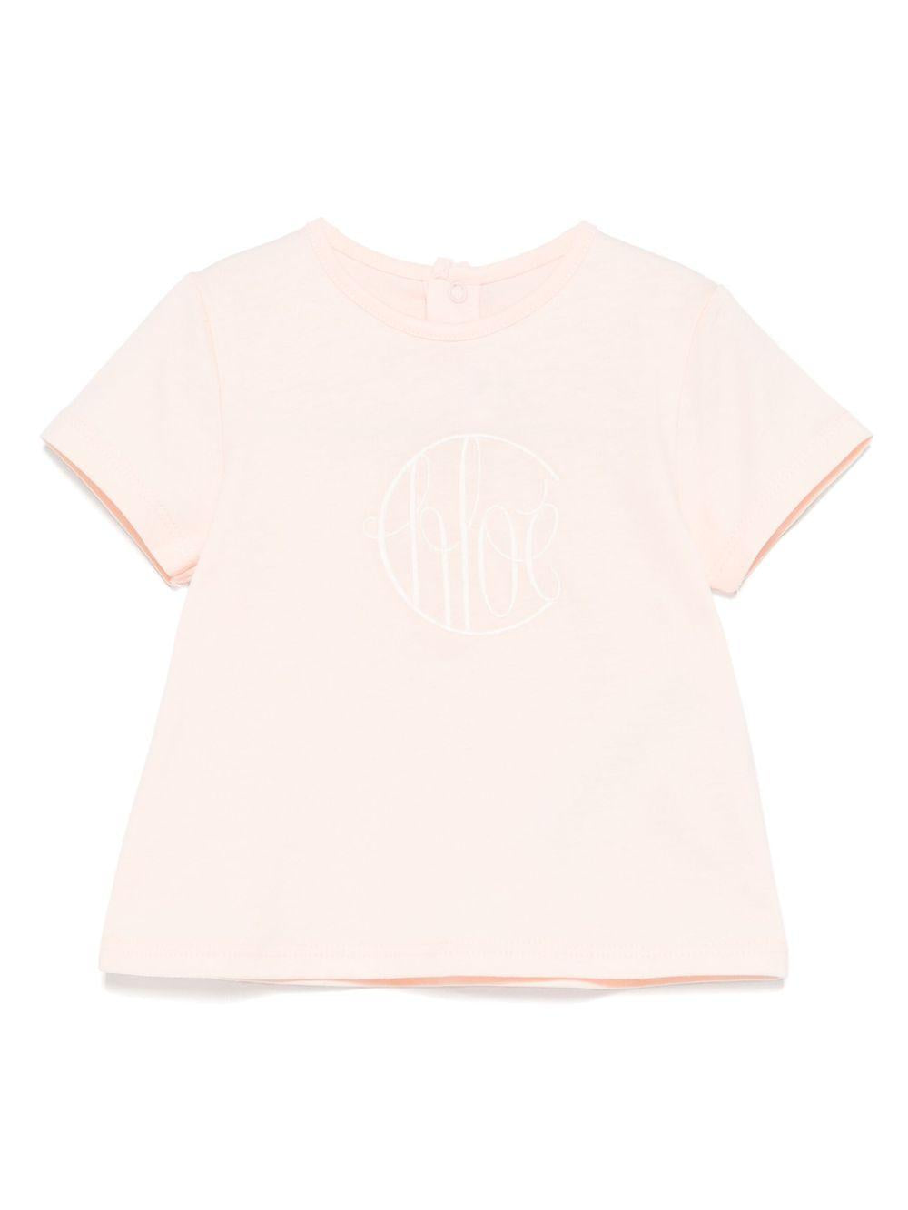 T-shirt per neonata Chloé Kids rosa chiaro con logo ricamato C20525 46J CHLOE' KIDS