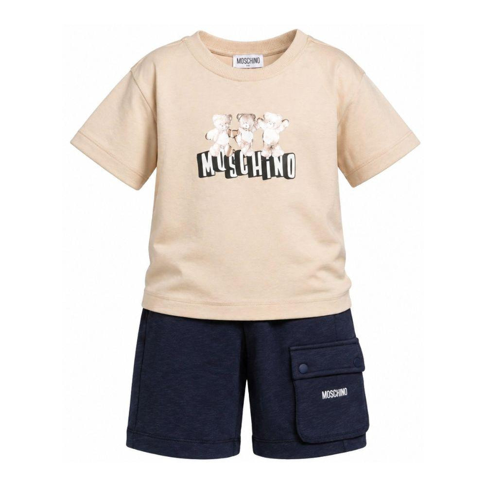 Set t-shirt e shorts per bambino Moschino Kids beige e blu con tasche cargo HUG00WLCA88 83700 MOSCHINO KIDS