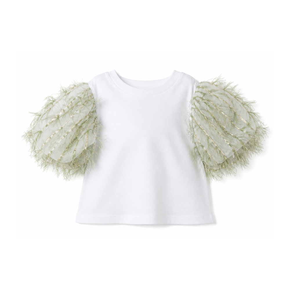 T-shirt per bambina Alapage bianca con maniche a sbuffo a contrasto AL90 OLIVA A'LAPAGE KIDS