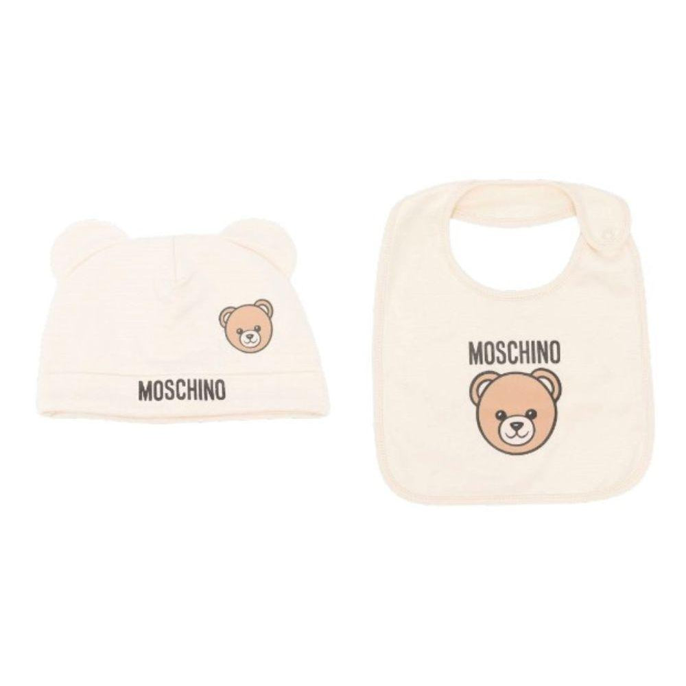 Set berretto e bavaglino per neonati Moschino Kids beige con stampa Teddy Bear MUY099LCA19 20404 MOSCHINO KIDS