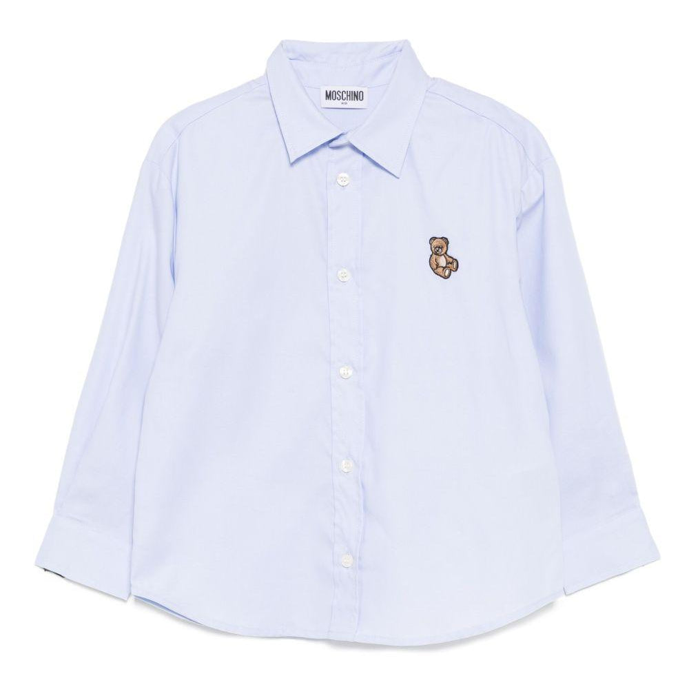 Camicia per bambino Moschino Kids azzurro in cotone con applicazione logo HUC01NLNE06 40093 MOSCHINO KIDS