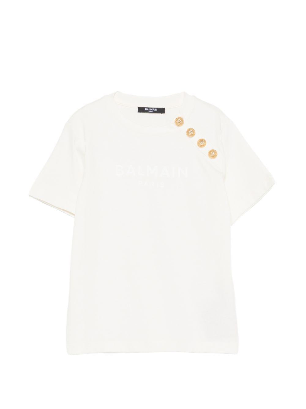 T-shirt per bambina Balmain Kids bianca con bottoni color oro sul davanti BY8P01 Z3672 102BC BALMAIN KIDS
