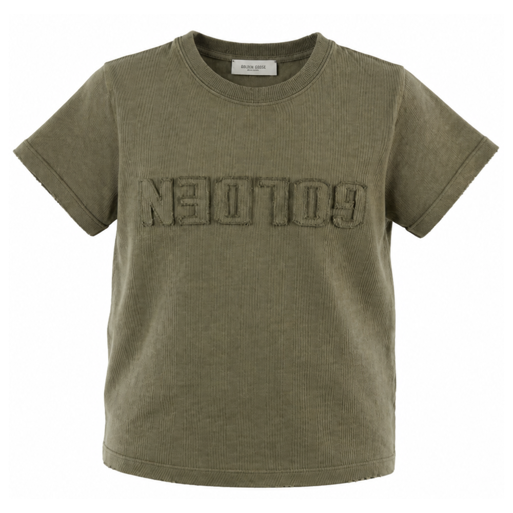 T-shirt per bambino Golden Goose Kids verde con logo sul davanti GKP02441P002243 35479 GOLDEN GOOSE KIDS