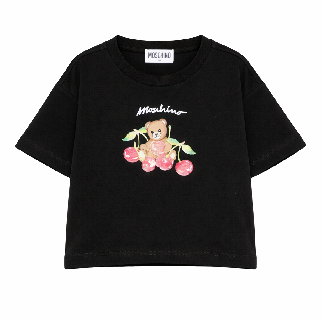 T-shirt per bambina Moschino Kids nera con stampa Teddy Bear sul davanti HDM075LAA02 60100 MOSCHINO KIDS