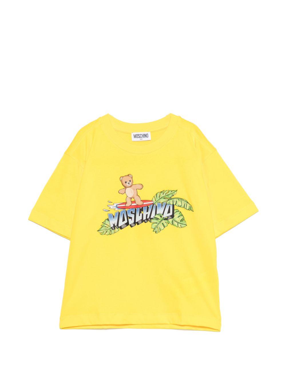 T-shirt per bambino Moschino Kids gialla con stampa logo sul davanti HUM05KLAA23 50577 MOSCHINO KIDS