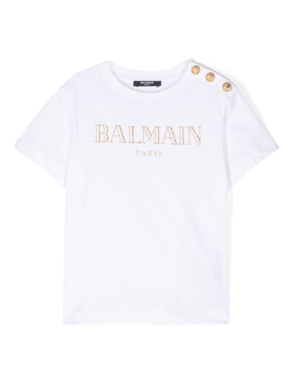 T-shirt con logo glitter per bambina Balmain Kids bianco con girocollo BV8B71 Z0082 100OR BALMAIN KIDS