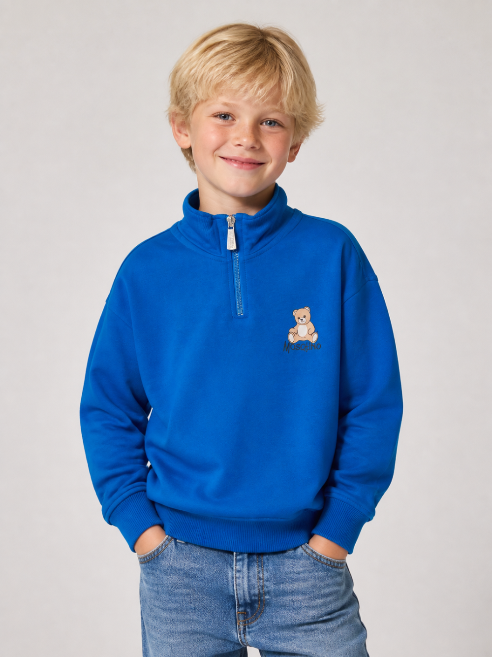 Felpa per bambino Moschino Kids blu con mezza zip HUF0A0LCA94 40157 MOSCHINO KIDS