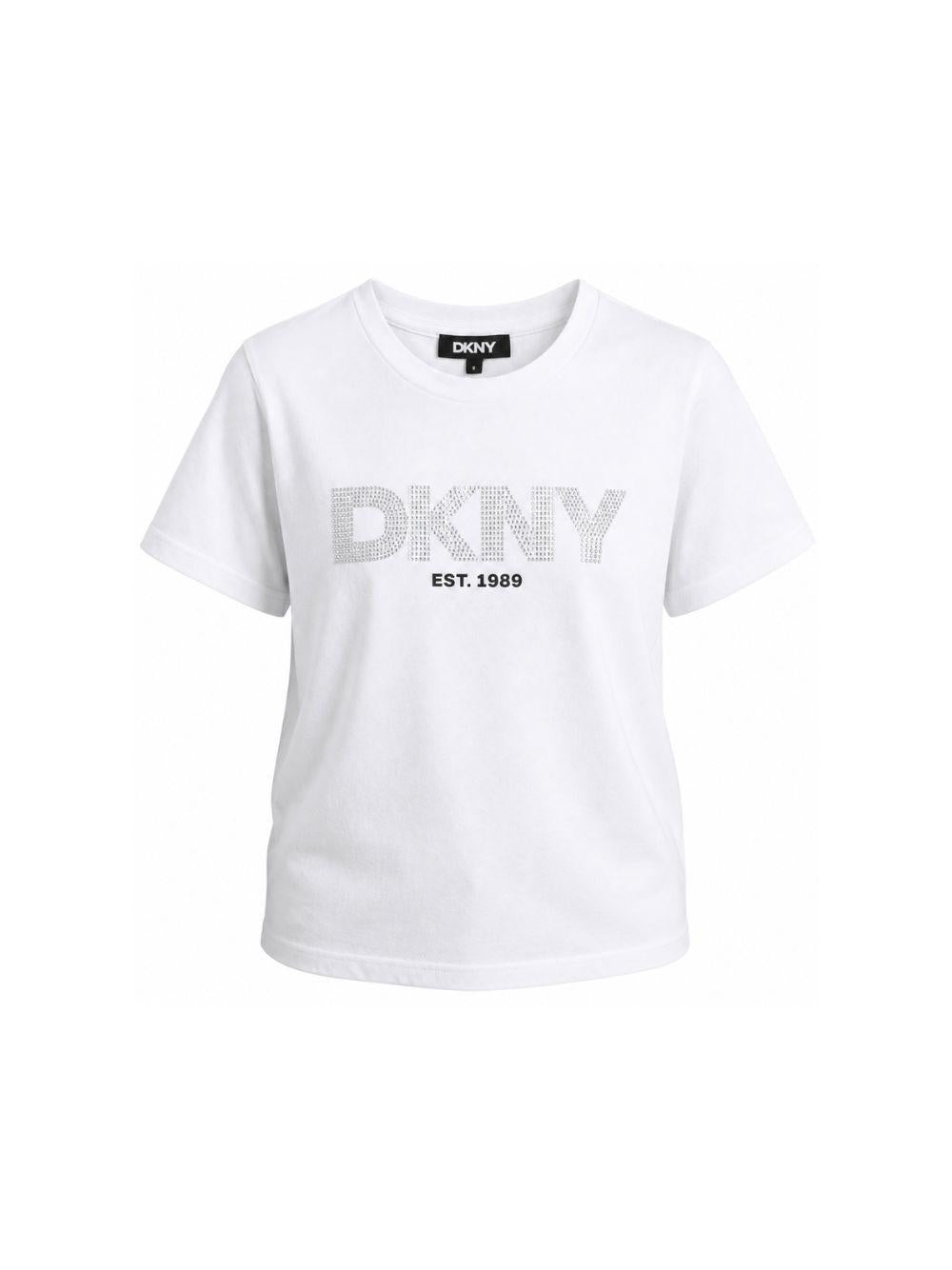 T-shirt per bambina Dkny Kids bianca con logo con strass D62619 10P DKNY KIDS