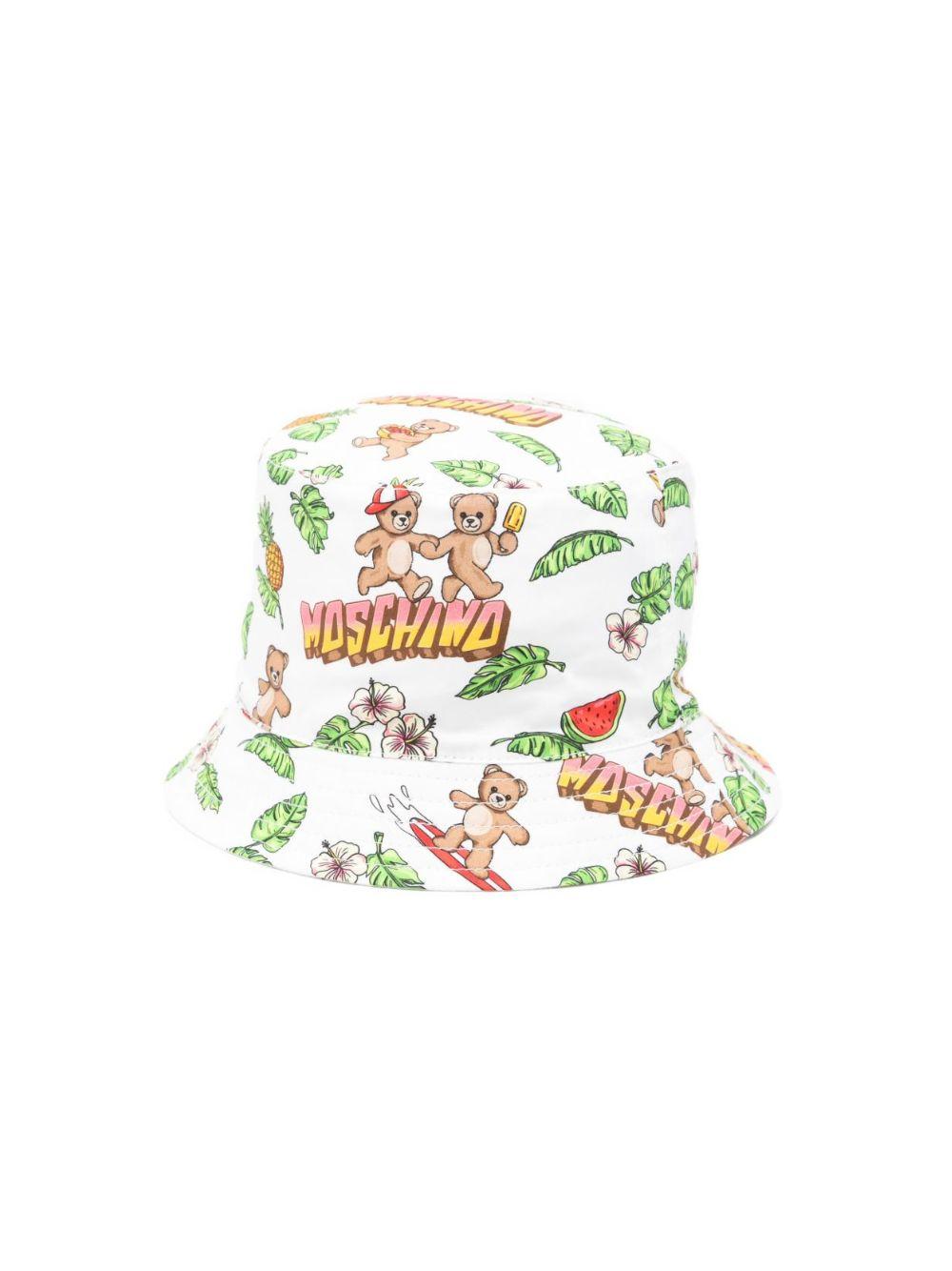 Cappello bucket per neonato Moschino Kids bianco con stampa grafica MUX05SLLB64 83657 MOSCHINO KIDS