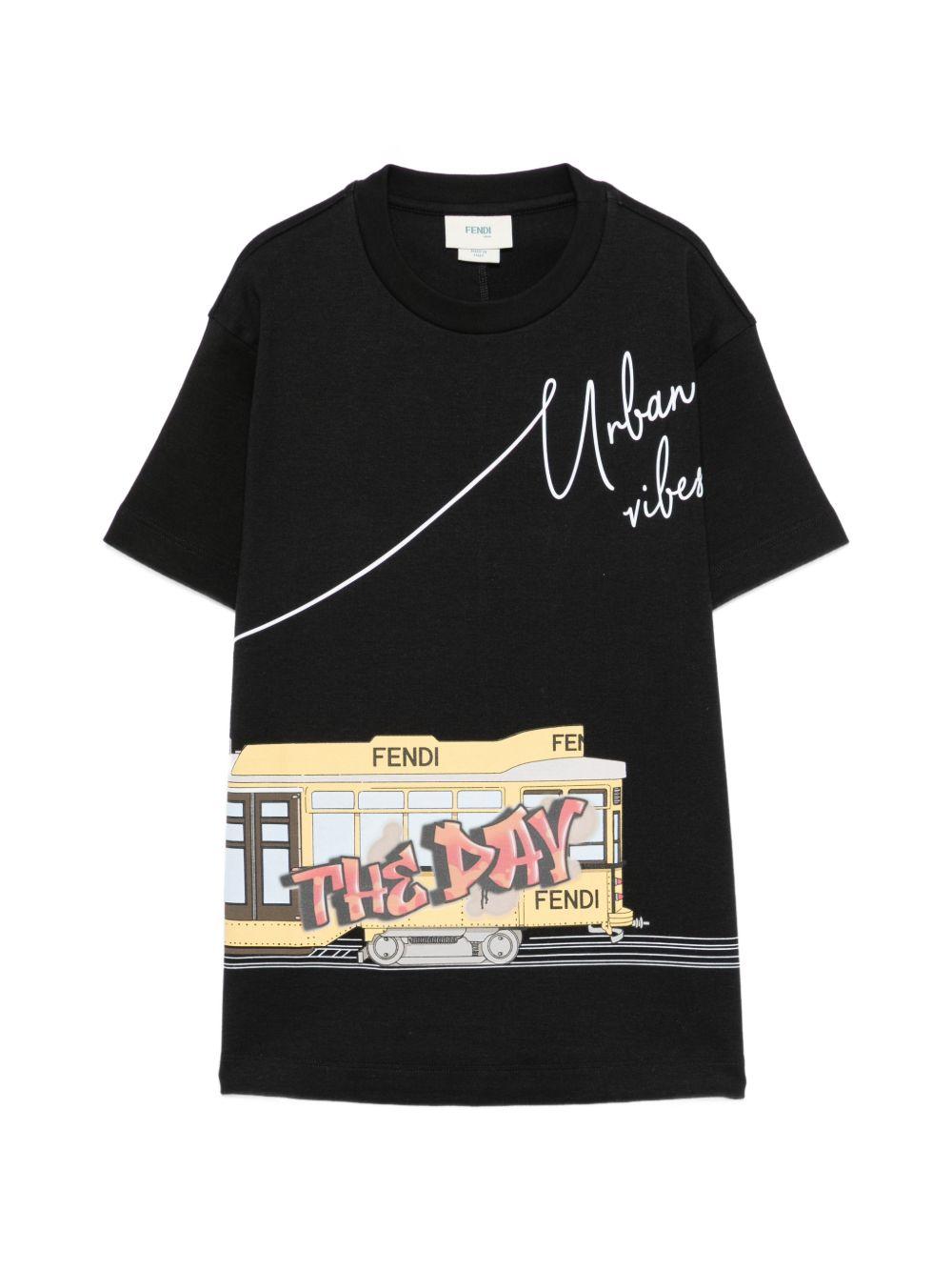 T-shirt per bambino Fendi Kids nera con stampa grafica JMI525 AVWL F0GME FENDI KIDS
