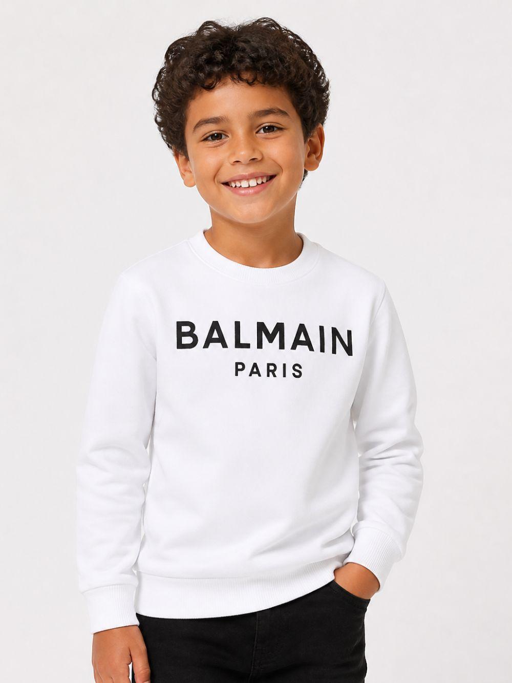 Felpa per bambino Balmain Kids bianca con stampa logo sul davanti BX4P10 Z3183 100NE BALMAIN KIDS