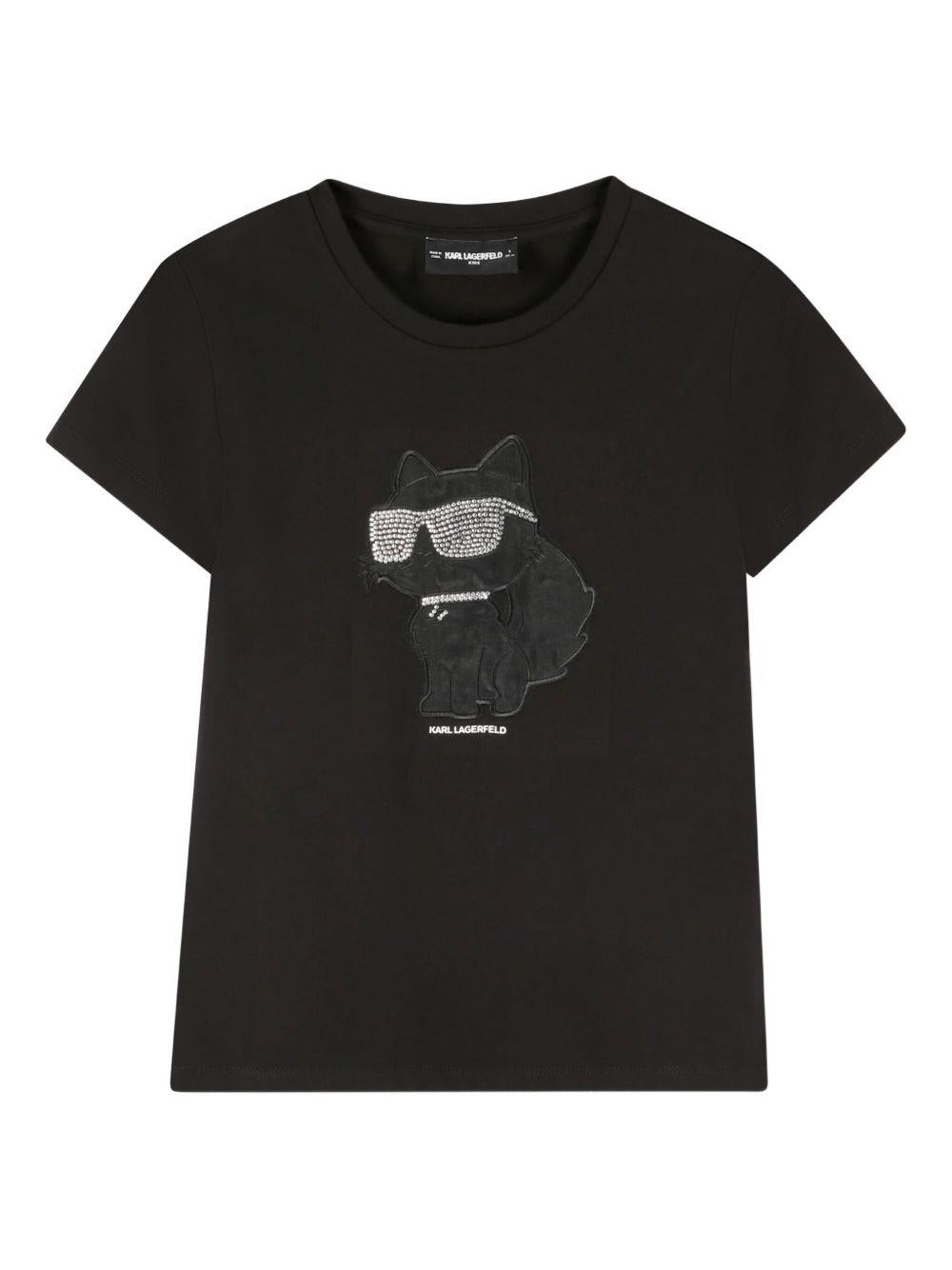 T-shirt per bambina Karl Lagerfeld Kids nero con stampa grafica con strass Z30945 09B KARL LAGERFELD KIDS