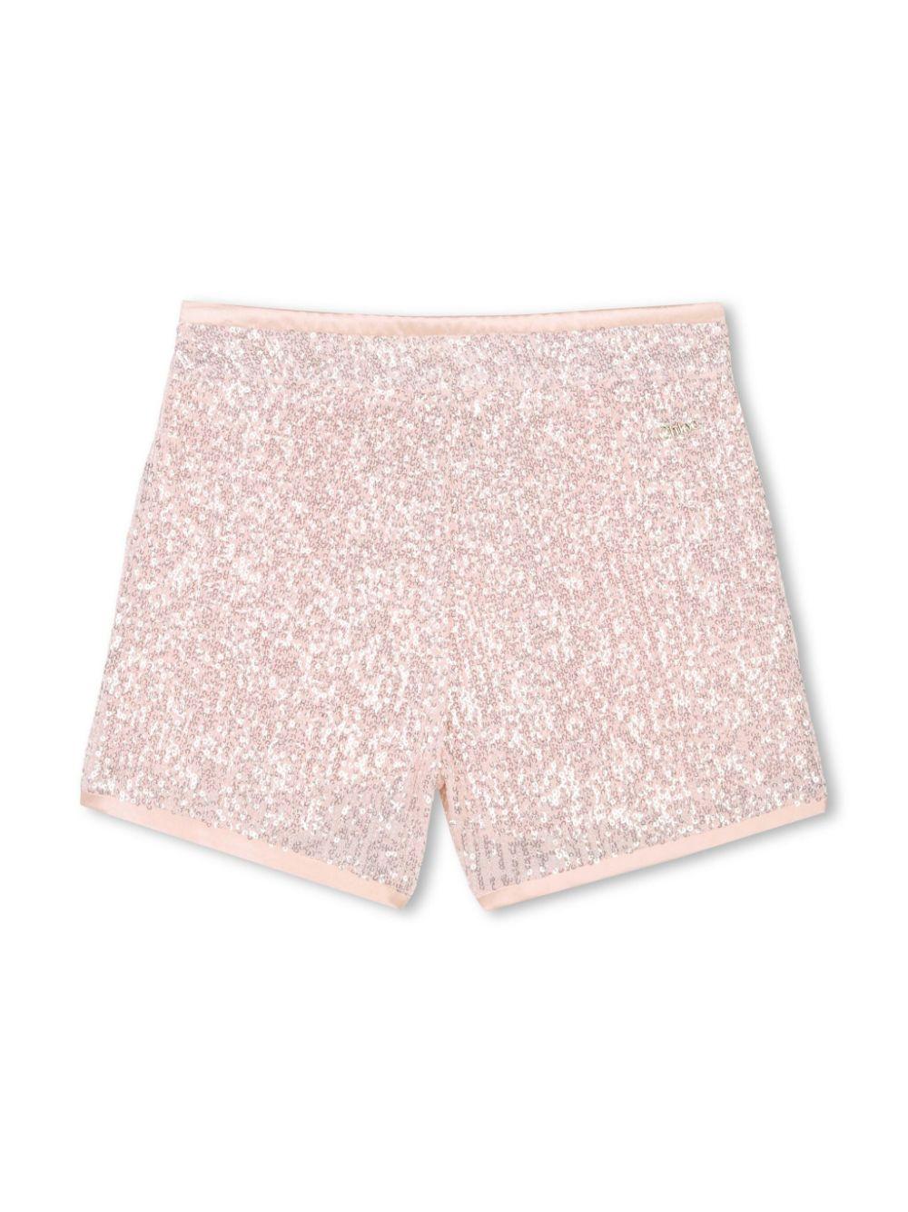 Shorts con paillettes per bambina Chloè Kids rosa con fodera in cotone C20473 46J CHLOE' KIDS
