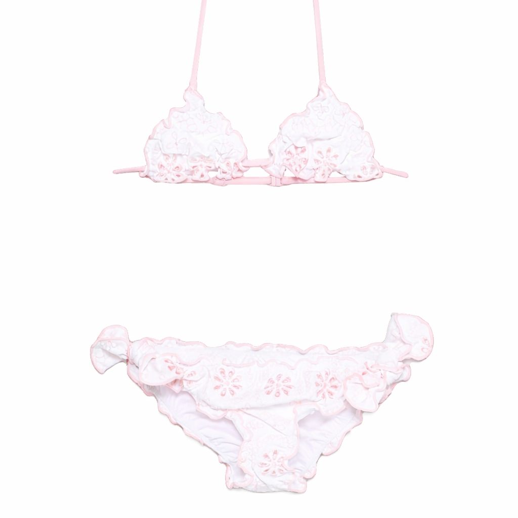 Bikini per bambina MC2 Saint Barth Kids bianco a fiori con ruches CRIS001 00055L MC2 ST. BARTH KIDS