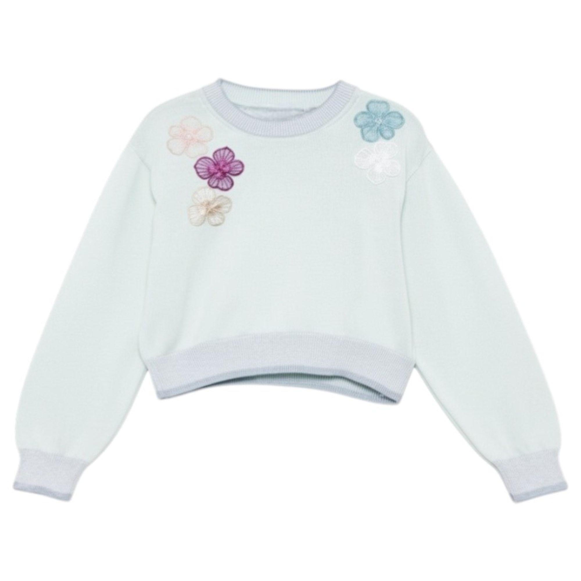 Maglione per bambina Simonetta azzurro con applicazioni floreali SY9A20 X0018 700 SIMONETTA