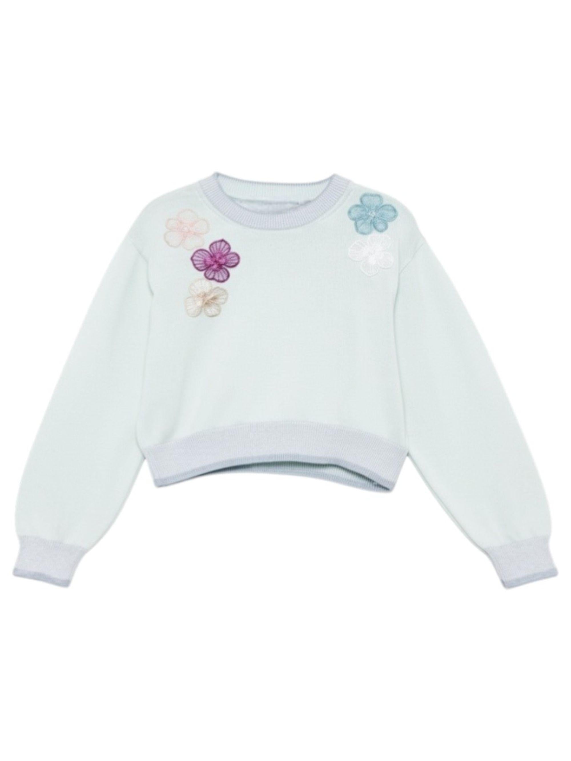 Maglione per bambina Simonetta azzurro con applicazioni floreali SY9A20 X0018 700 SIMONETTA