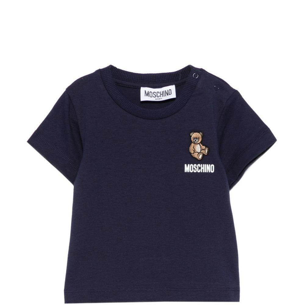 T-shirt per neonati Moschino Kids blu con ricamo orsetto MUM04TLAA02 40016 MOSCHINO KIDS
