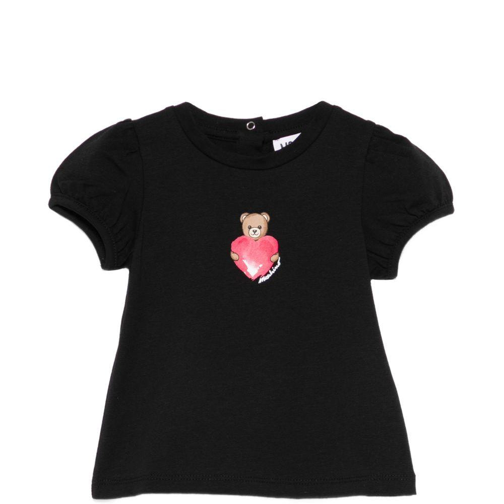 T-shirt per neonata Moschino Kids nera con stampa Teddy Bear con cuore MLM02BLBA00 60100 MOSCHINO KIDS