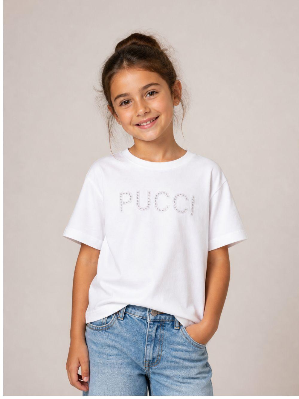 T-shirt per bambina Emilio Pucci Junior bianca con dettaglio logo con borchie PZ8A11 Z3672 100 EMILIO PUCCI KIDS
