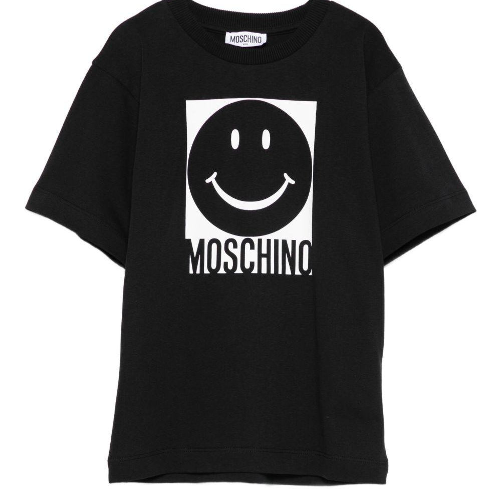 T-shirt per bambino Moschino Kids nero con stampa smiley HSM05GLAA01 60100 MOSCHINO KIDS