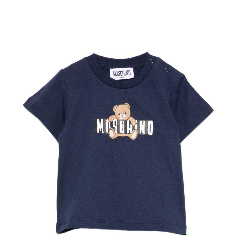 T-shirt per neonati Moschino Kids blu con logo sul davanti MUM04PLAA03 40016 MOSCHINO KIDS