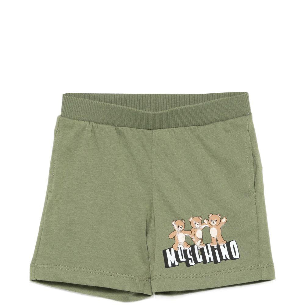 Shorts per neonati Moschino Kids verde con tre Teddy Bear sul davanti MUQ01ULAA17 30037 MOSCHINO KIDS