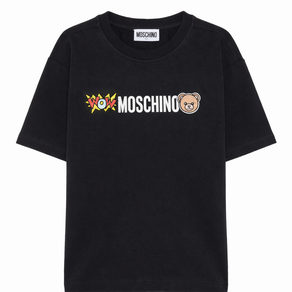 T-shirt per bambini Moschino Kids nera con logo sul davanti HUM05QLAA24 60100 MOSCHINO KIDS
