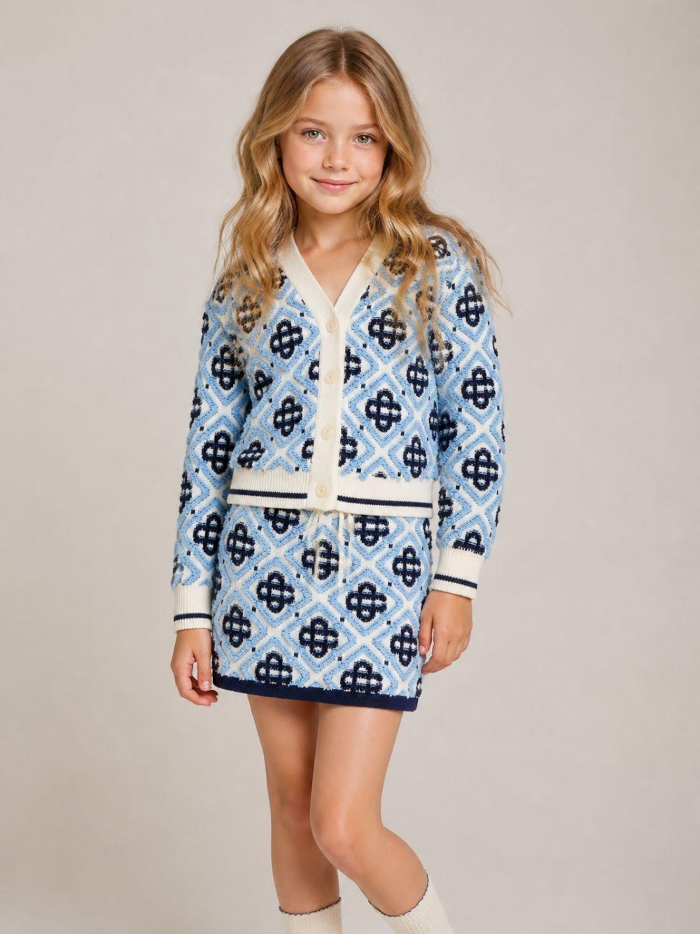 Cardigan per bambina Casablanca Kids azzurro con motivo mongramma all-over KPF26KW151201 MONOGRAM CASABLANCA KIDS