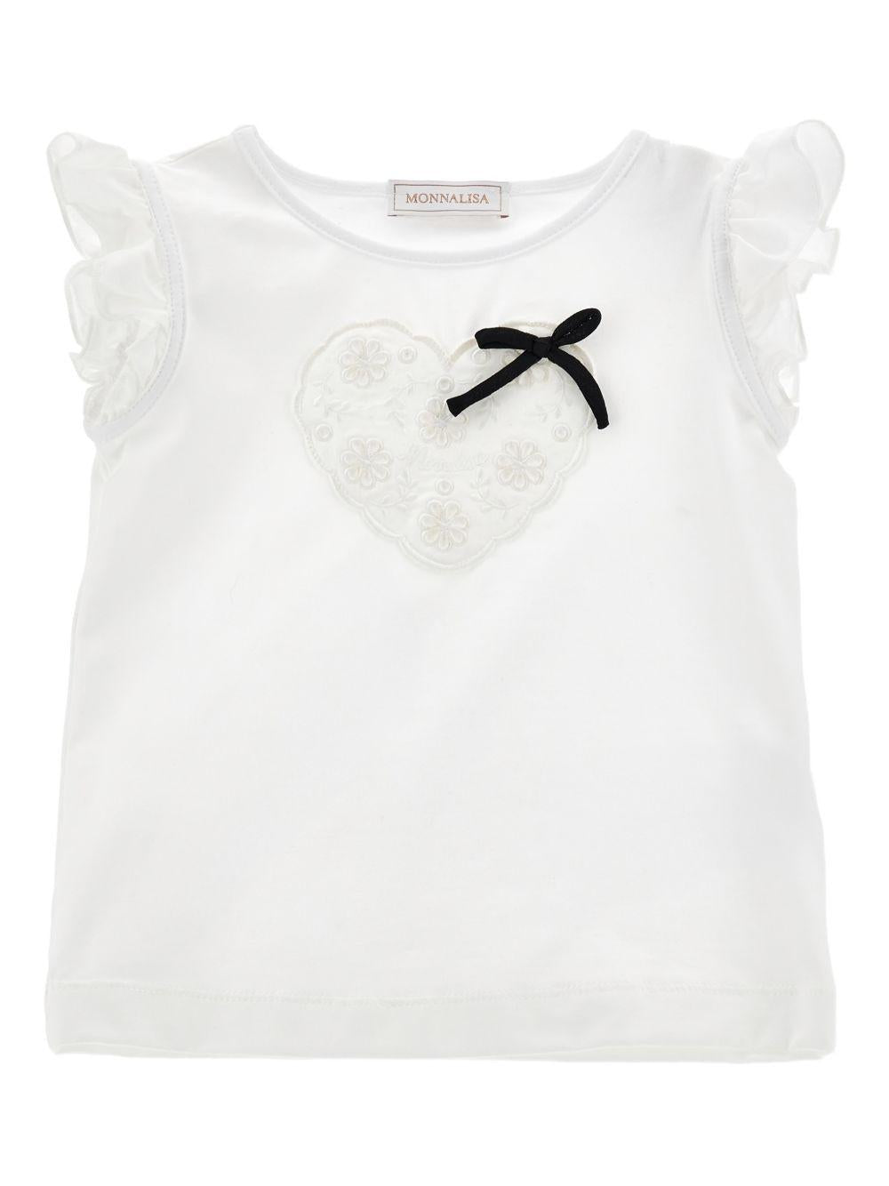 T-shirt per bambina Monnalisa bianca con ruches e applicazione a cuore 11G616 7201 0099 MONNALISA KIDS