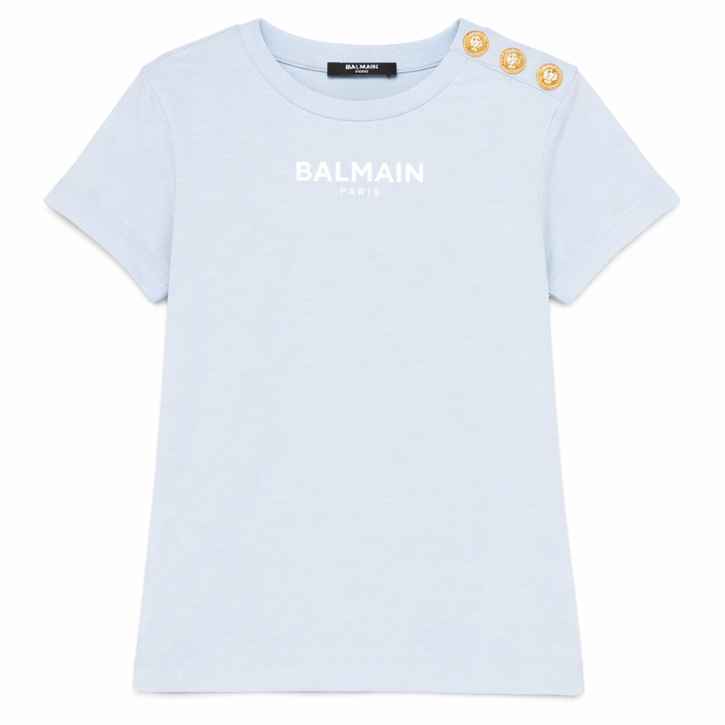 T-shirt da bambina Balmain Kids azzurro azzurra con bottoni BY8A01 Z3672 685OR BALMAIN KIDS
