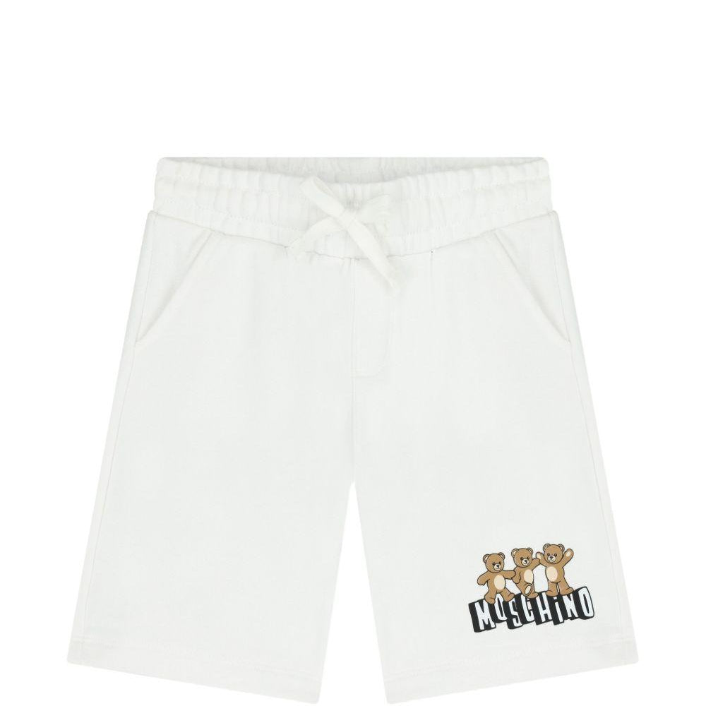 Shorts per bambino Moschino Kids bianchi con stampa tre Teddy Bear HUQ02MLCA89 10101 MOSCHINO KIDS