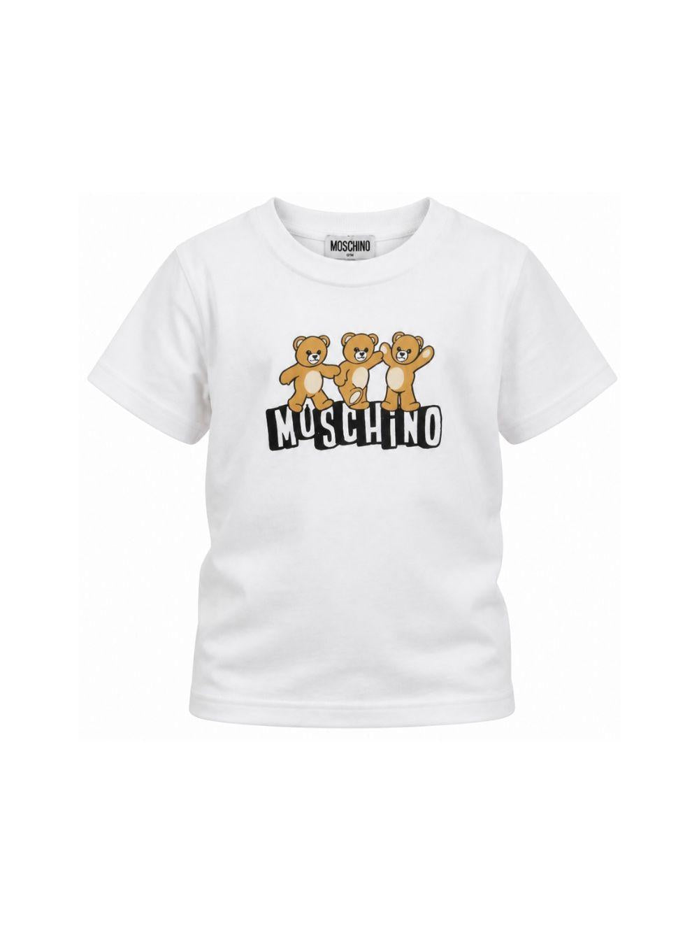 T-shirt per bambini Moschino Kids bianca con stampa grafica tre Teddy Bear HUM05PLAA23 10101 MOSCHINO KIDS