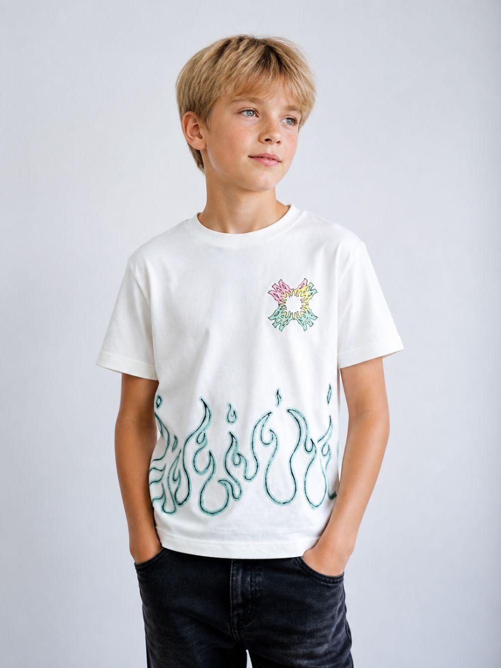 T-shirt per bambino Amiri Kids bianca con stampa fiamma verde ACTOJR1028 127 AMIRI KIDS
