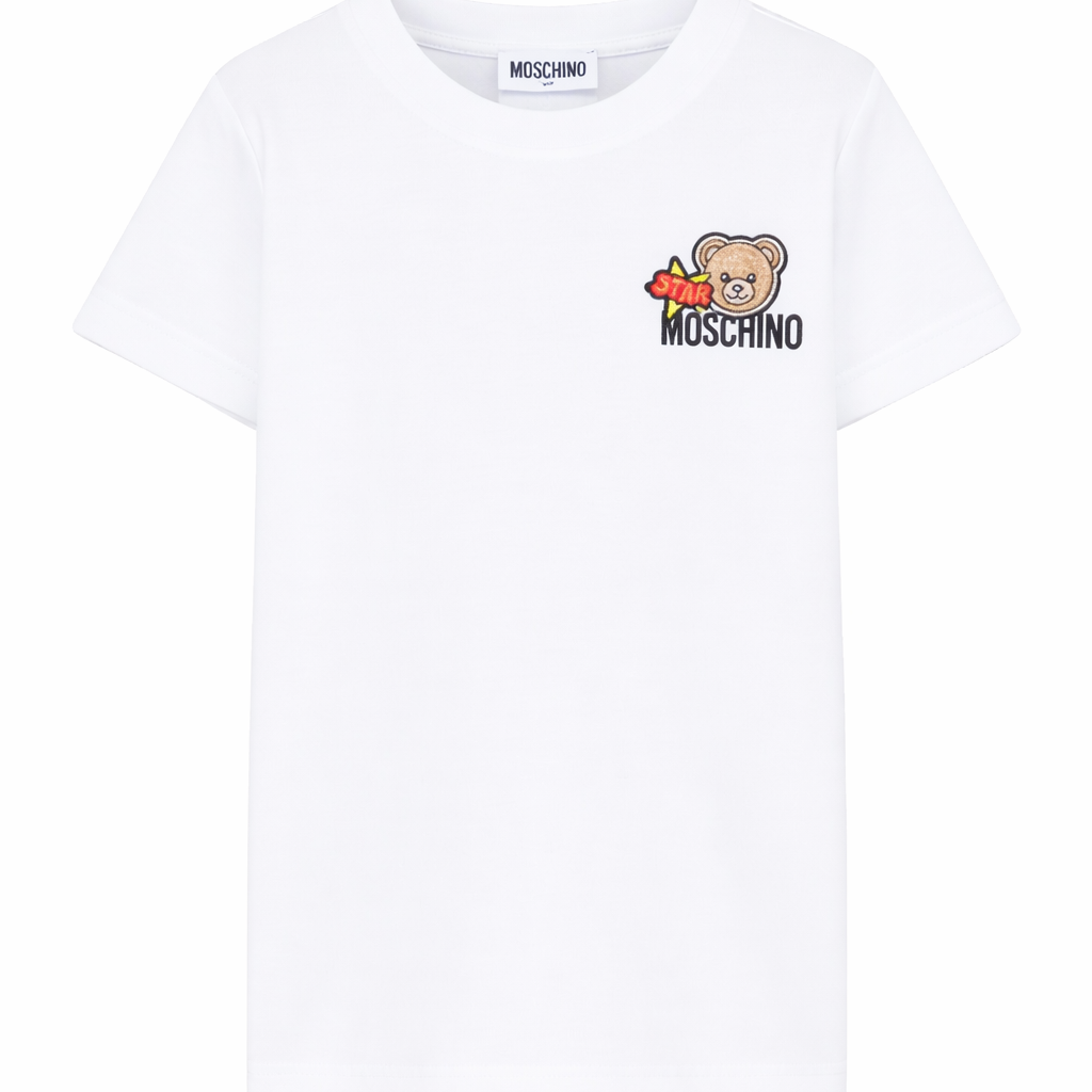 T-shirt per bambini Moschino Kids bianca con ricamo Teddy Bear HTM058LAA24 10101 MOSCHINO KIDS