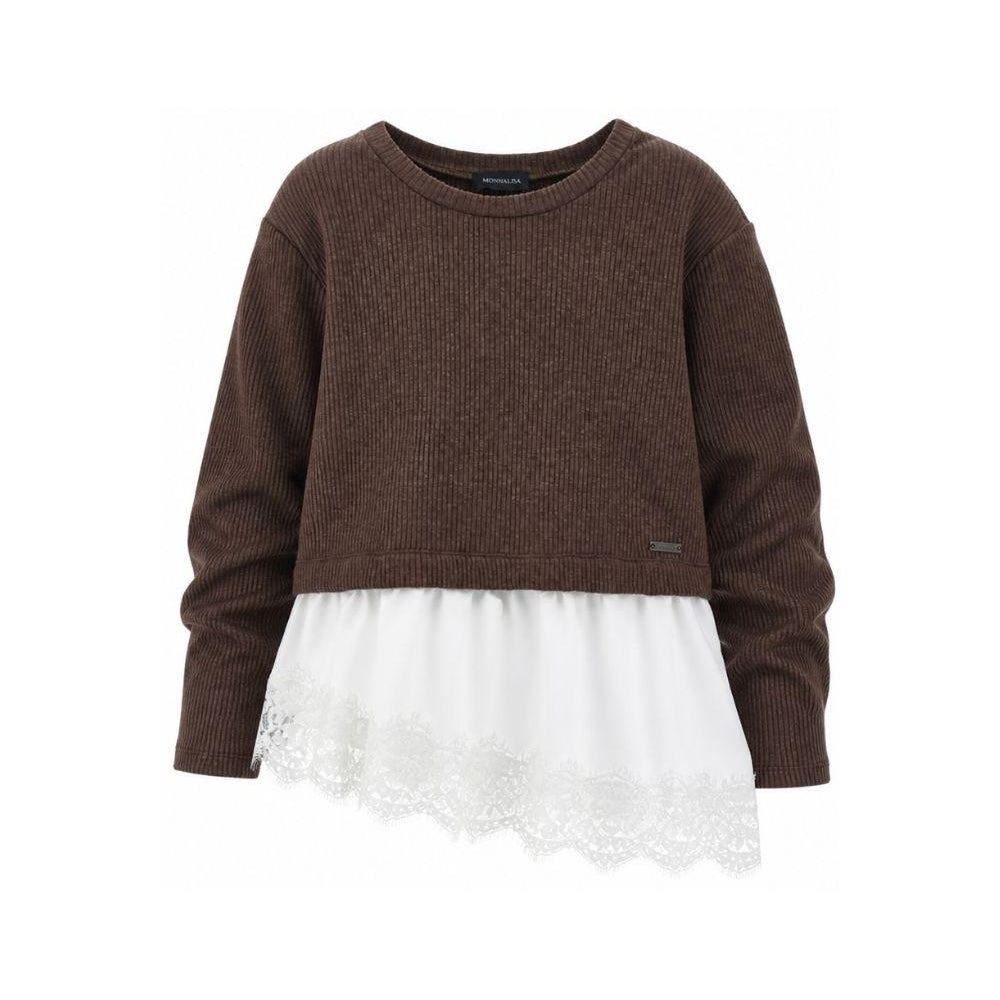 Maglione per bambina Monnalisa Kids marrone con rifinitura in pizzo 41H607 8214 0006 MONNALISA KIDS
