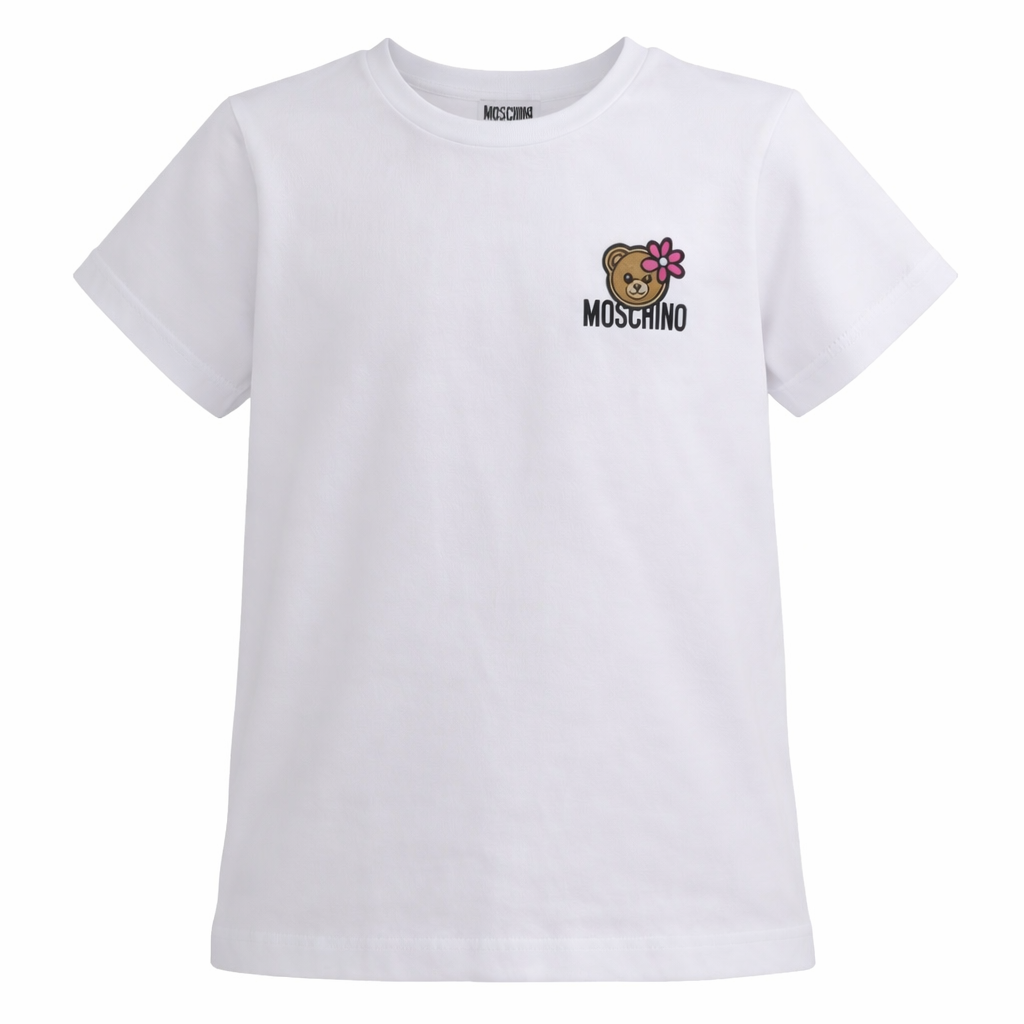 T-shirt per bambina Moschino Kids bianca con ricamo orsetto HAM03PLAA02 10101 MOSCHINO KIDS