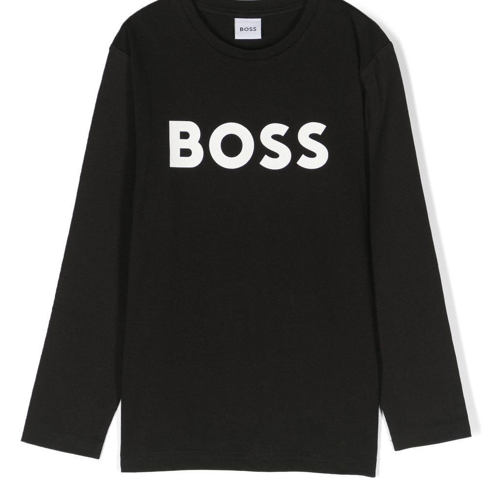 T-shirt per bambino Boss Kids nera con stampa logo sul davanti J25P25 09B BOSS KIDS