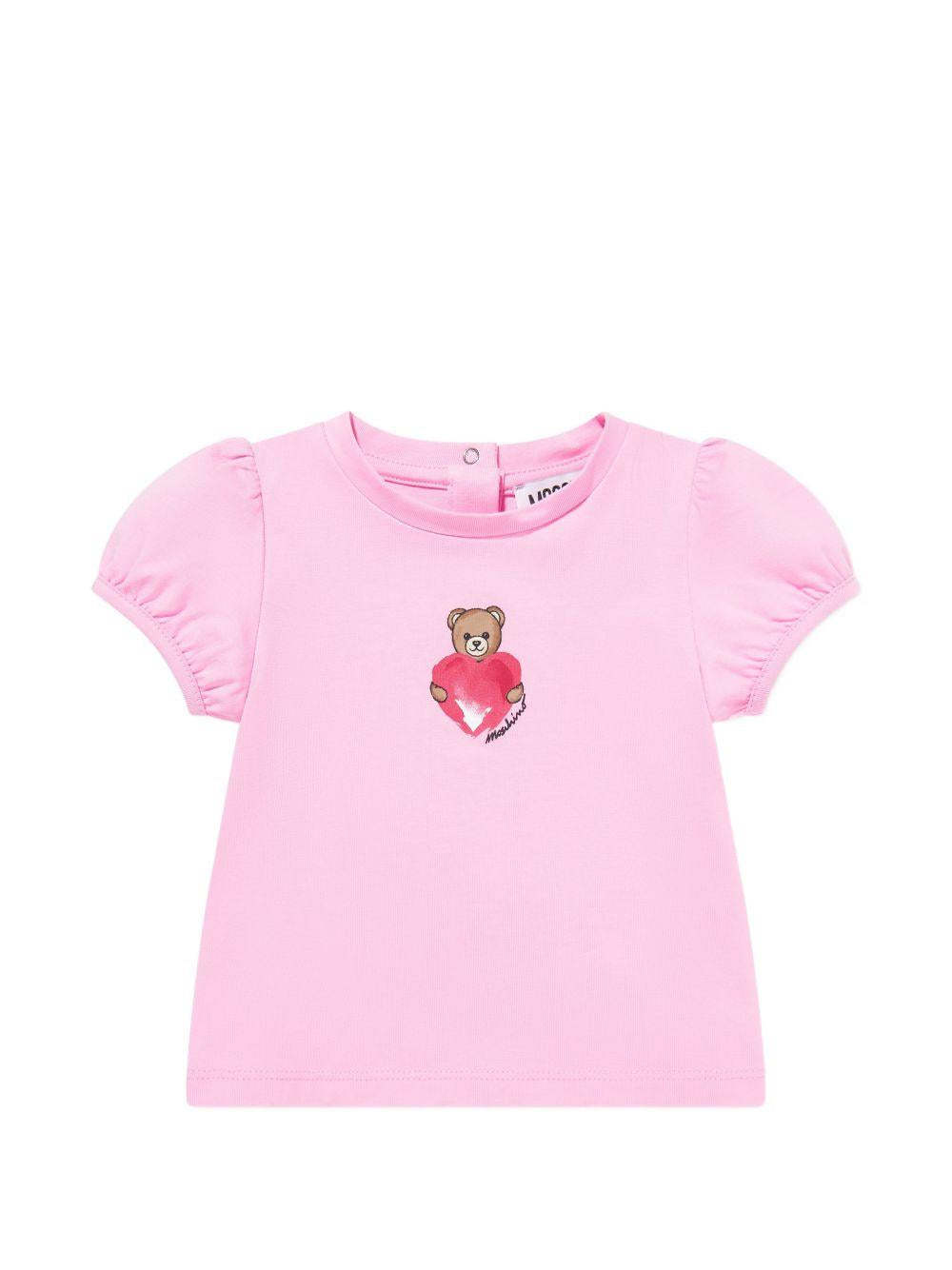 T-shirt per neonata Moschino Kids rosa con stampa Teddy Bear con cuore MLM02BLBA00 51473 MOSCHINO KIDS