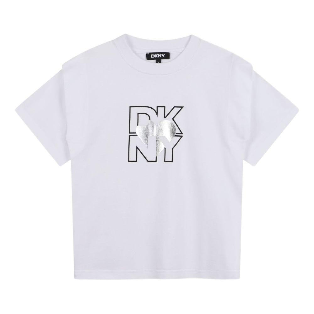 T-shirt per bambina DKNY Kids bianca con stampa con logo D62417 10B DKNY
