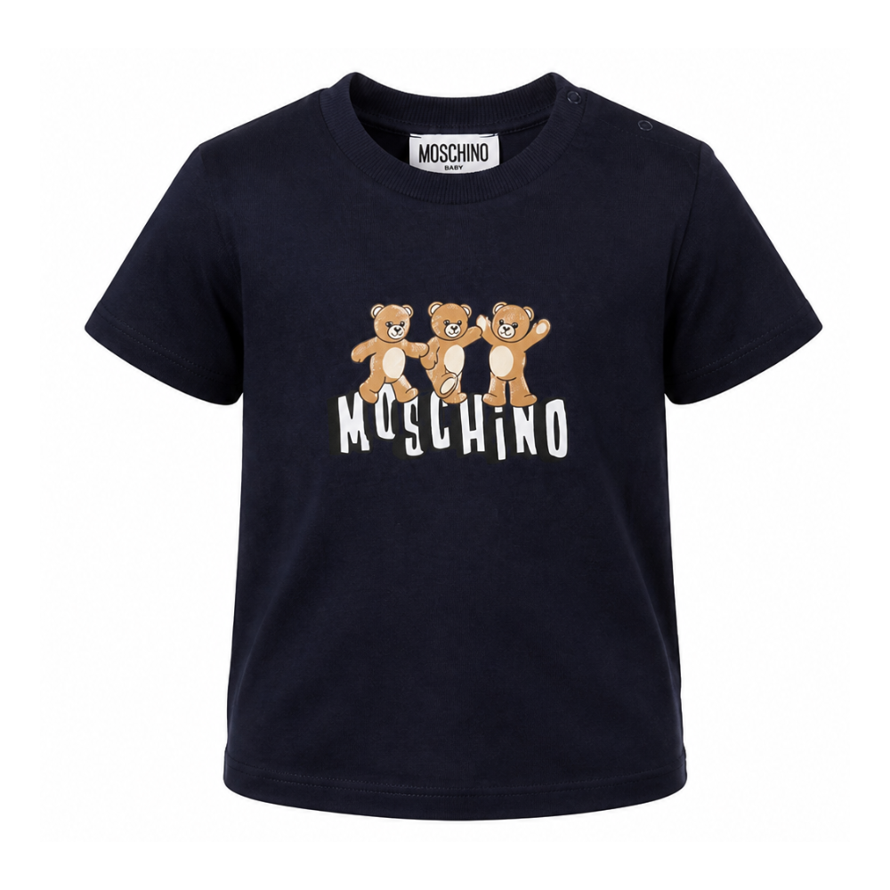 T-shirt per neonati Moschino Kids nera con stampa tre Teddy Bear sul davanti MUM04KLAA17 40016 MOSCHINO KIDS