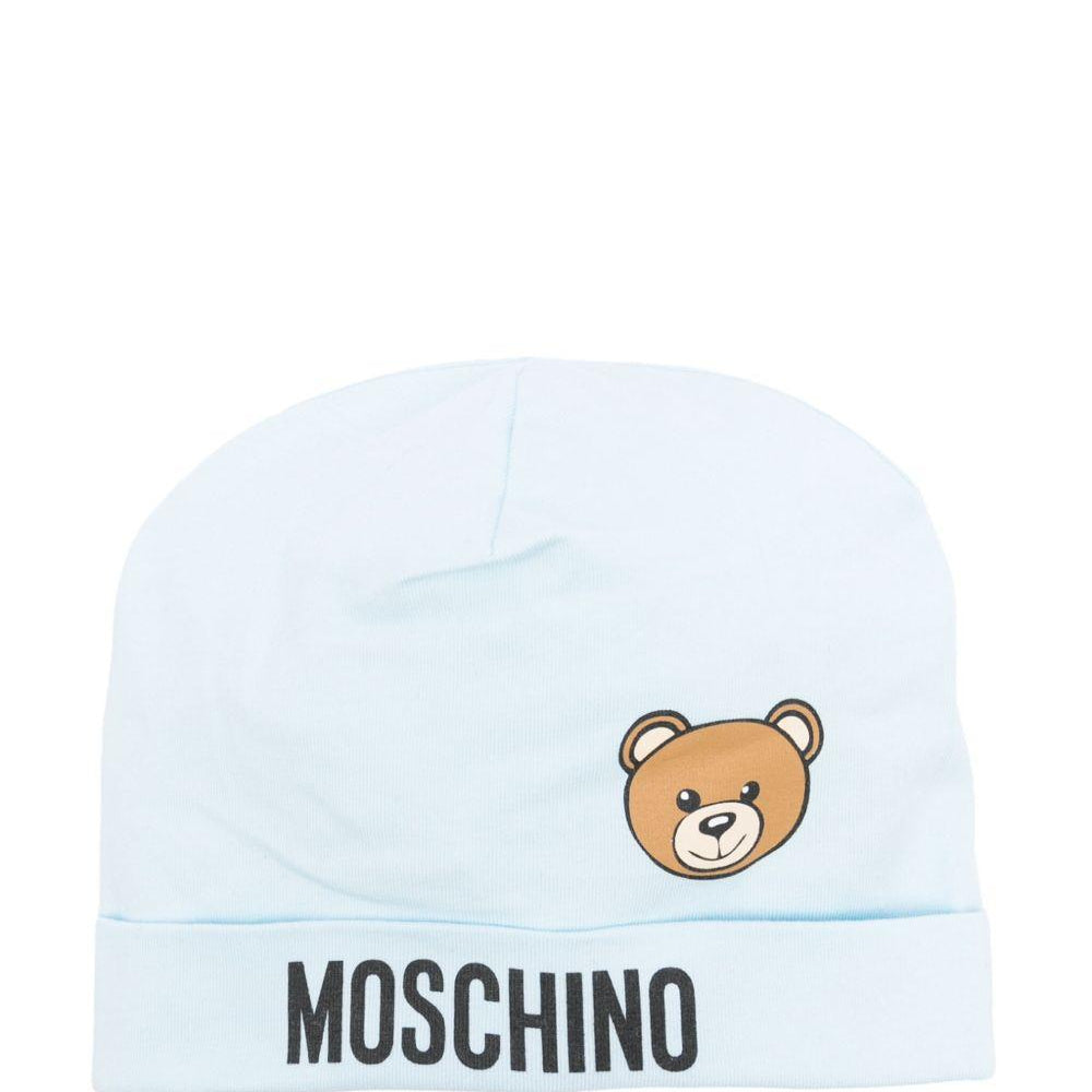 Cappello per neonato Moschino Kids azzurro con stampa logo e Teddy Bear MUX05ALBA00 40304 MOSCHINO KIDS