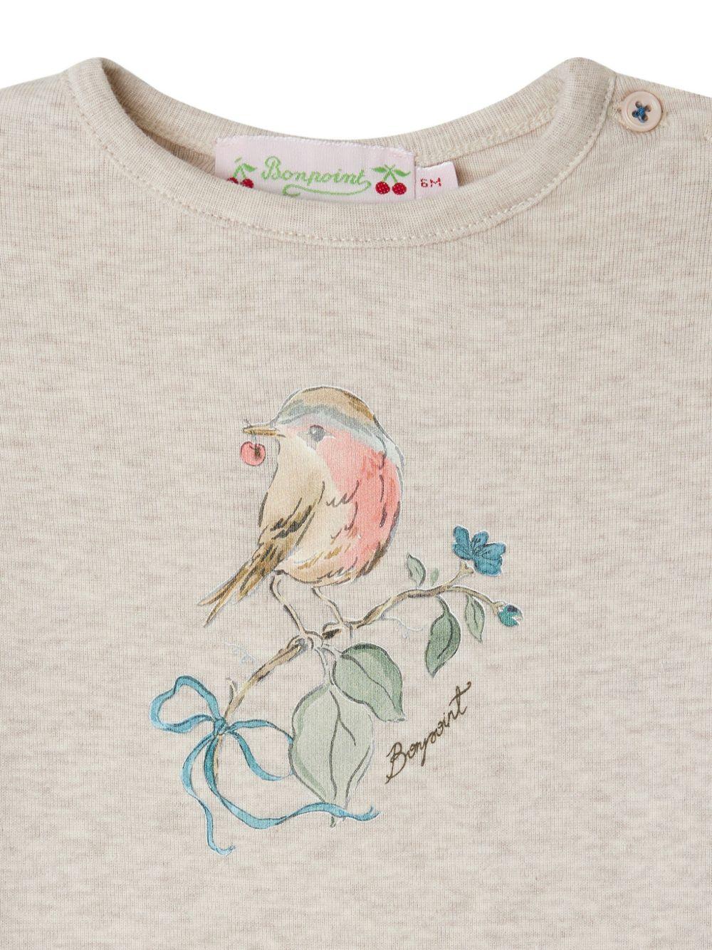 T-shirt per neonata Bonpoint beige con stampa uccellino e scollo rotondo W05XTSK00004 160A BONPOINT