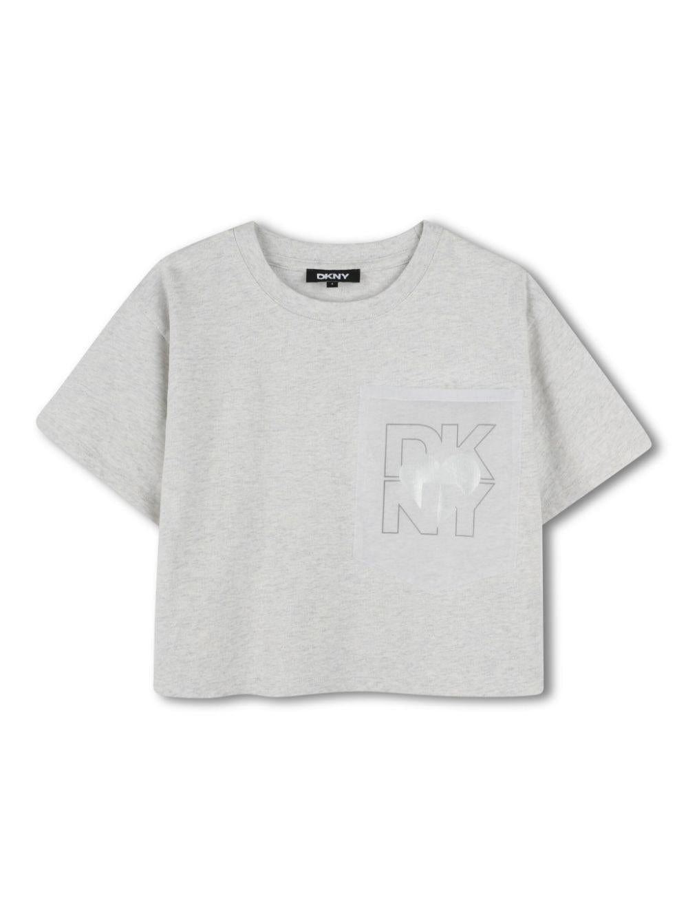 T-shirt per bambina Dkny Kids grigio con stampa logo sul petto e design crop D62312 A10 DKNY