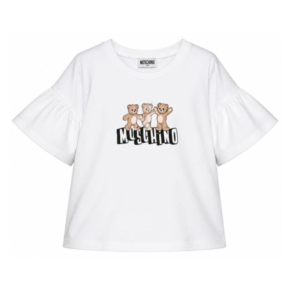 T-shirt per bambina Moschino Kids bianca con dettaglio Teddy Bear HDM077LAA23 10101 MOSCHINO KIDS