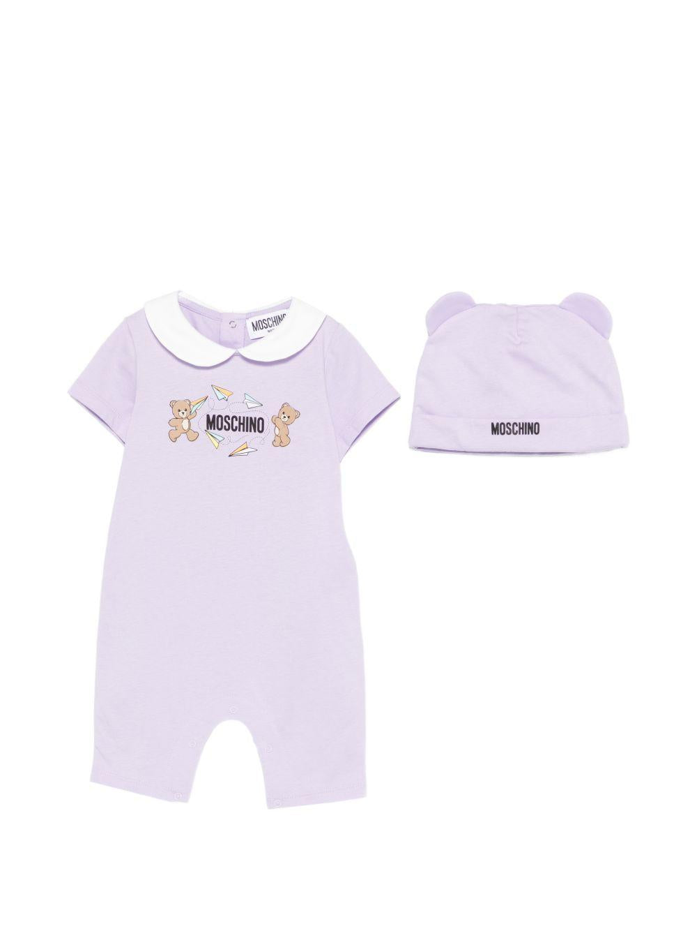 Set tutina e cappellino per neonata Moschino Kids lilla con stampa Teddy Bear MUY090LAA01 51683 MOSCHINO KIDS