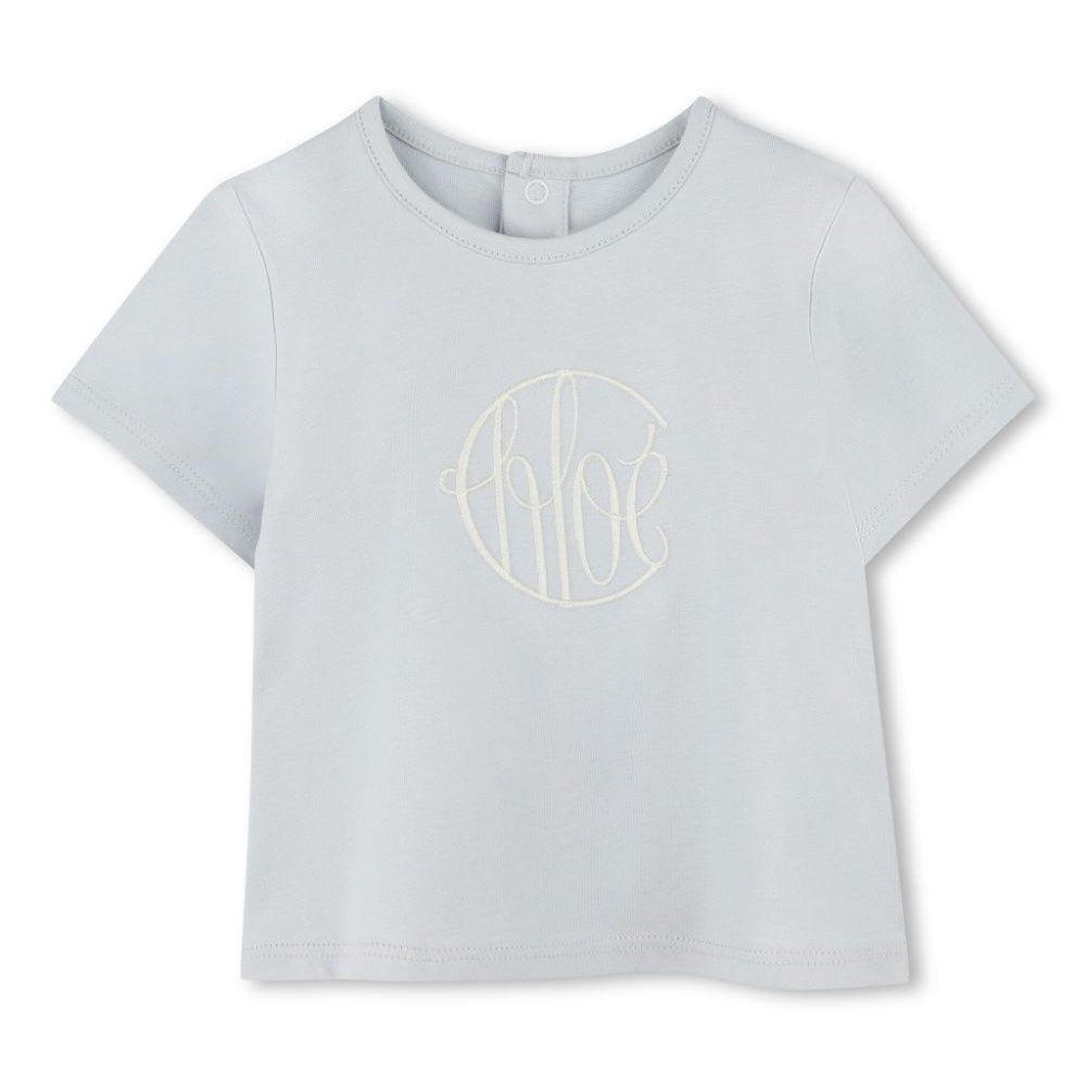 T-shirt per neonata Chloé Kids grigio con ricamo con logo frontale C20525 796 CHLOE' KIDS