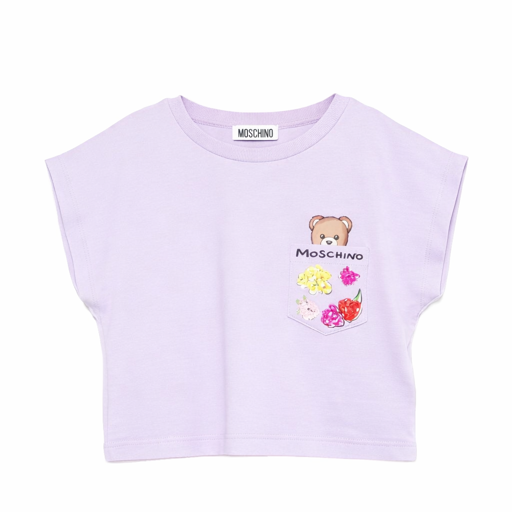 T-shirt per bambina Moschino Kids lilla con stampa grafica HDM06XLFA06 51683 MOSCHINO KIDS