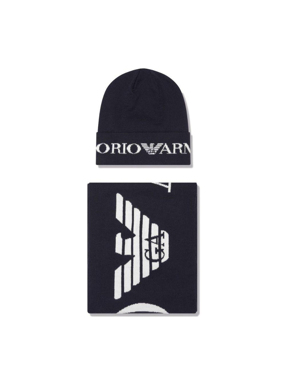 Set cappello e sciarpa per bambino Emporio Armani Kids blu con design lavorato a maglia 407524 3F932 00035 EMPORIO ARMANI KIDS